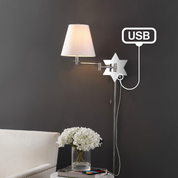 David 18.5" Modern French Country Swing Arm Plug-In or Hardwired Iron LED Star Wall Sconce with Pull-Chain and USB Charging Port - JONATHAN Y